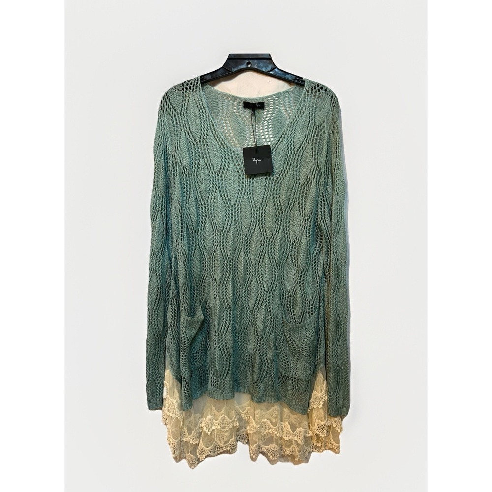 Ryu Tunic Sweater Womens Teal Open Knit Sheer Ruffle Hem BOHO Size XL